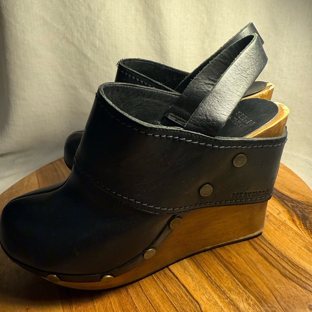 See By Chloe Black Leather Platform Clogs
